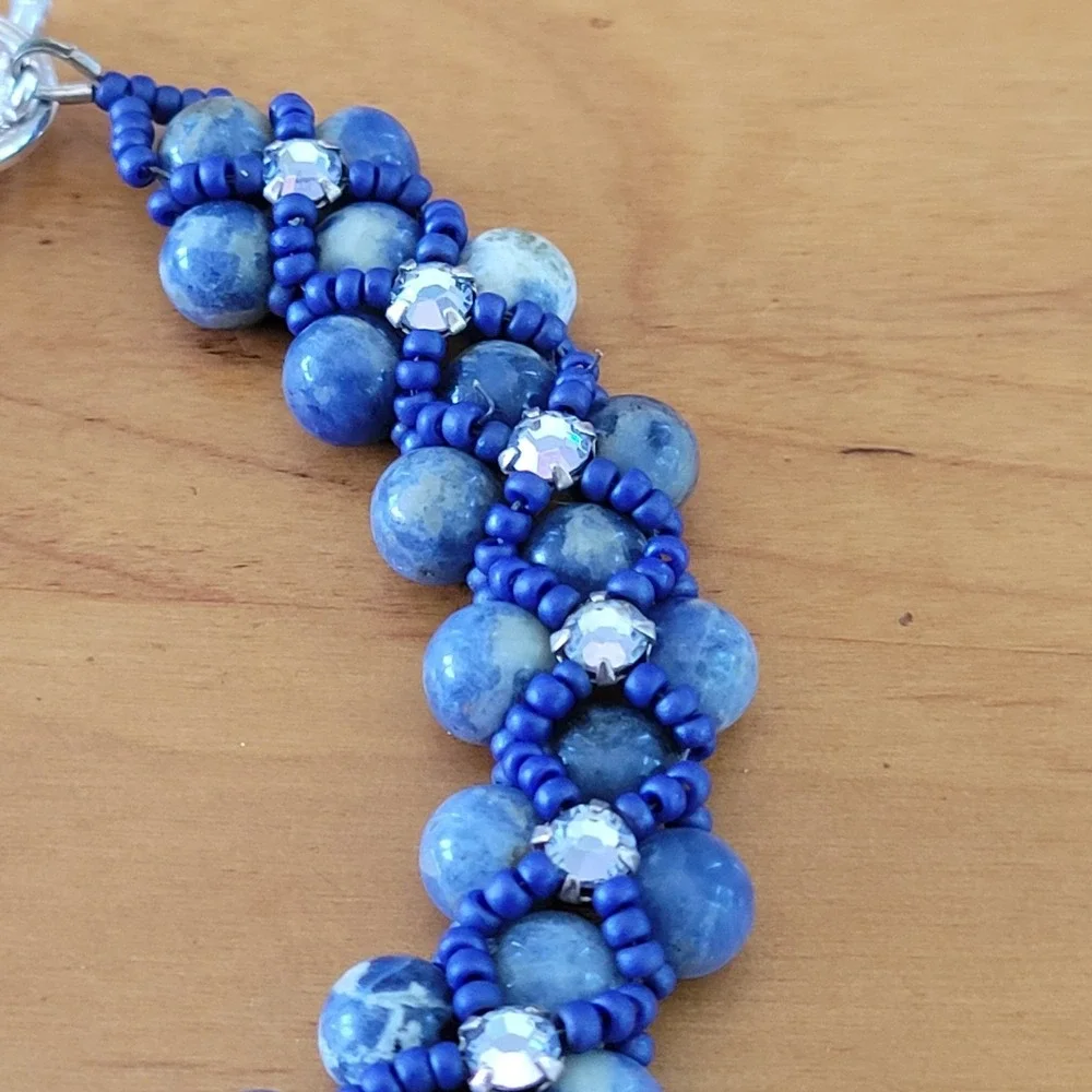 Intricate Blue Stone Seed Bead Bracelet Rhinestone Toggle Woven 21g
